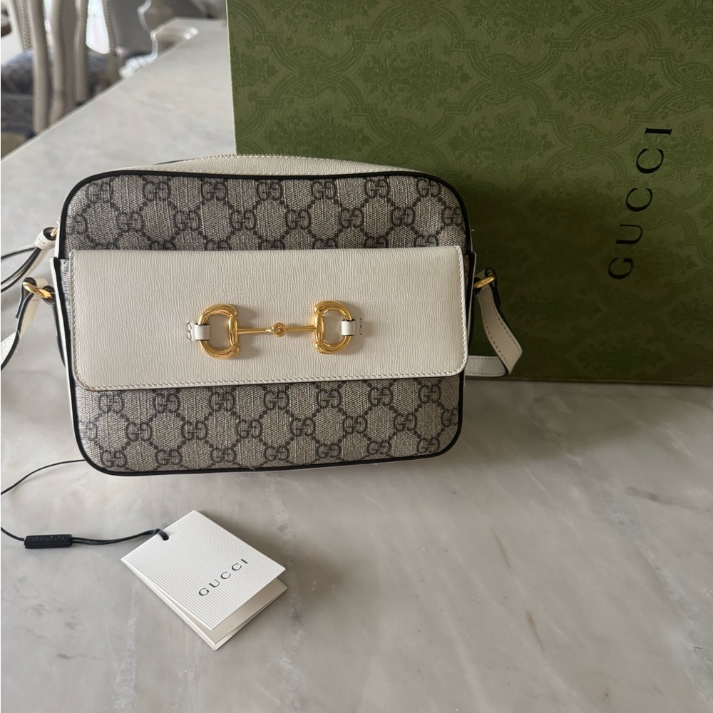 Gucci Cream and Gray Crossbody Bag with Gold Accents